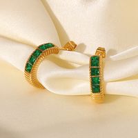 Fashion 18k Gold Square Green Zircon Inlaid Thread C-shaped Stainless Steel Earring main image 3