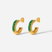 Fashion 18k Gold Square Green Zircon Inlaid Thread C-shaped Stainless Steel Earring main image 4