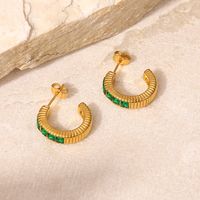 Fashion 18k Gold Square Green Zircon Inlaid Thread C-shaped Stainless Steel Earring main image 2