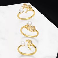 2022 New Simple Pearl Leaf Coconut Parrot Bead Open Zircon Ring main image 1