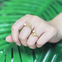 2022 New Simple Pearl Leaf Coconut Parrot Bead Open Zircon Ring main image 2