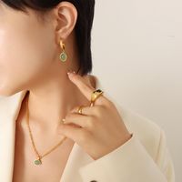 Fashion New Green Agate Pendant Titanium Steel Retro Necklace Earrings Jewelry Set main image 3