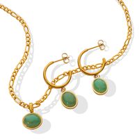 Fashion New Green Agate Pendant Titanium Steel Retro Necklace Earrings Jewelry Set main image 2