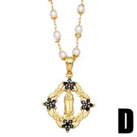 Fashion Colorful Zircon Flower Virgin Mary  Female Simple Pearl Chain Necklace Copper Necklace sku image 4