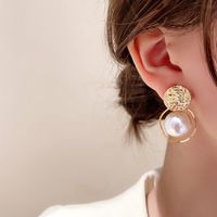 Simple Style Circle Pearl Pendant Disc Copper Earrings main image 4