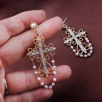 Fashion Vintage Diamond Cross Carved Tassel Alloy Earrings Pearl main image 3