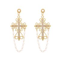 Fashion Vintage Diamond Cross Carved Tassel Alloy Earrings Pearl sku image 2