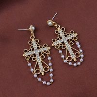 Fashion Vintage Diamond Cross Carved Tassel Alloy Earrings Pearl sku image 1