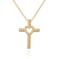 Fashion Copper 18k Gold Heart-shaped Zircon Cross Pendant Necklace sku image 1