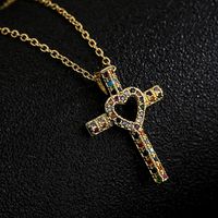 Fashion Copper 18k Gold Heart-shaped Zircon Cross Pendant Necklace sku image 2