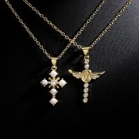 Fashion New Copper 18k Golden Clavicle Chain Pearl Zircon Cross Pendant Necklace main image 1