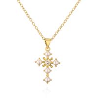 Fashion New Copper 18k Golden Clavicle Chain Pearl Zircon Cross Pendant Necklace sku image 2