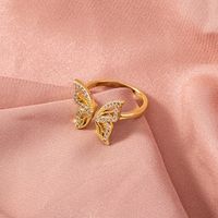 Golden Open End Adjustable Micro Inlaid Zircon Butterfly Copper Ring Ornament main image 2
