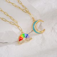 Fashion Copper Plating 18k Gold Zircon Dripping Moon Rainbow Pendant Necklace Female main image 1