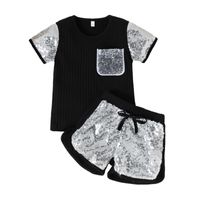 Fashion Children's Wear New Summer Little Girls Round Neck Sequins Embroidered Stitching Shorts Suit sku image 7