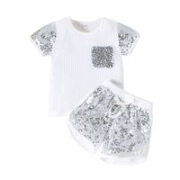 Mode Enfants Portent De Nouveaux D'été Petites Filles Col Rond Paillettes Brodé Couture Shorts Costume sku image 4