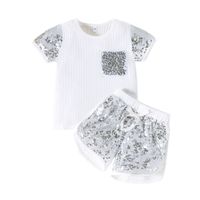 Fashion Children's Wear New Summer Little Girls Round Neck Sequins Embroidered Stitching Shorts Suit sku image 1