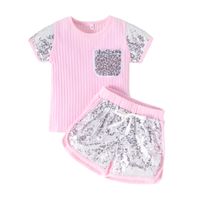 Fashion Children's Wear New Summer Little Girls Round Neck Sequins Embroidered Stitching Shorts Suit sku image 11