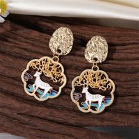 Retro Style Colorful Oil Round Hollow Crane Rabbit Sika Deer Cat Pendant Earrings main image 5