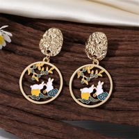 Retro Style Colorful Oil Round Hollow Crane Rabbit Sika Deer Cat Pendant Earrings main image 3