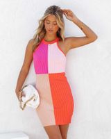 Pencil Skirt Streetwear Round Neck Patchwork Sleeveless Solid Color Above Knee sku image 1