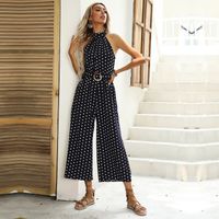 Fashion Summer Belt Polka Dot Halter Spaghetti Straps Wide Leg Black Jumpsuit sku image 10