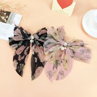 Fashion Bow Barrettes Fabric Vintage Pearl Printed Flower Pendant Clip main image 4