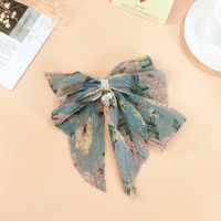 Fashion Bow Barrettes Fabric Vintage Pearl Printed Flower Pendant Clip sku image 4