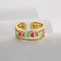 New Style Copper Plating 18k Gold Inlaid Zircon Dripping Oil Heart-shaped Open Ring main image 5