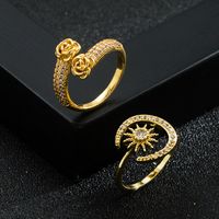 Fashion New Opening Adjustable Creative Star Moon Copper Plating 18k Gold Micro Zircon Ring main image 1