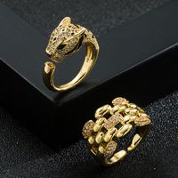 Fashion Leopard Head 18k Gold Plating Zircon  Open Copper Ring main image 1