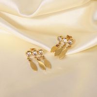 Fashion Stainless Steel 14k Gold Plated Round Zirconium Leaf Pendant Earrings main image 6