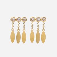 Fashion Stainless Steel 14k Gold Plated Round Zirconium Leaf Pendant Earrings main image 4
