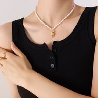Fashion Baroque Pearl Necklace Women's Titanium Steel Gold-plated Bear Pendant Clavicle Chain sku image 1