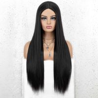 Femmes De Long Noir Cheveux Raides Synthétique Mi-longueur Haute-température Fiber De Perruques main image 2