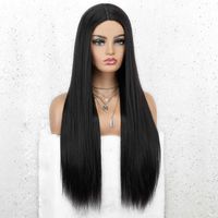Femmes De Long Noir Cheveux Raides Synthétique Mi-longueur Haute-température Fiber De Perruques main image 4