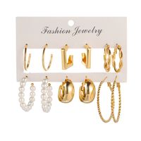 Simple Golden Geometric Pearl Alloy 6-piece Hoop Earrings Set main image 6