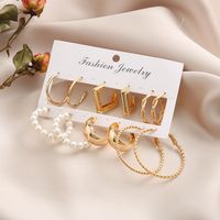 Simple Golden Geometric Pearl Alloy 6-piece Hoop Earrings Set main image 3