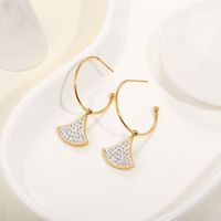 Fashion Titanium Steel Drop Oil Diamond Fan Shaped 14k Gold Plated Earrings sku image 1