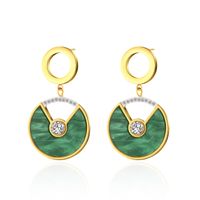 Simple Titanium Steel Plated 14k Gold Plated Inlaid Peacock Green Round Pendant Earrings main image 4