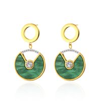 Simple Titanium Steel Plated 14k Gold Plated Inlaid Peacock Green Round Pendant Earrings sku image 1