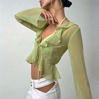 Neue Mode Strähnig Selvedge Spitze-up Tiefem V-neck Langarm Transparent Top main image 2