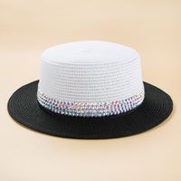 Colorful Rhinestone Small Brim Flat Top Hat Men's British Style Summer Straw Hat Women's Sun-proof Sun Hat main image 1