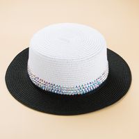 Colorful Rhinestone Small Brim Flat Top Hat Men's British Style Summer Straw Hat Women's Sun-proof Sun Hat main image 2