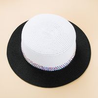 Colorful Rhinestone Small Brim Flat Top Hat Men's British Style Summer Straw Hat Women's Sun-proof Sun Hat main image 3