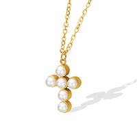 Trendy Simple Golden Pendant Cross Pearl Titanium Necklace main image 4