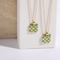 Fashion Simple Dripping Oil Chessboard Plaid Emerald Square Pendant Copper Necklace main image 5