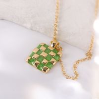 Fashion Simple Dripping Oil Chessboard Plaid Emerald Square Pendant Copper Necklace main image 1