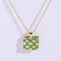 Fashion Simple Dripping Oil Chessboard Plaid Emerald Square Pendant Copper Necklace sku image 1