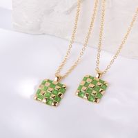 Fashion Simple Dripping Oil Chessboard Plaid Emerald Square Pendant Copper Necklace main image 2